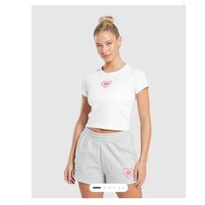 Gymshark Womens White Work Out Heart Graphic Cropped T-Shirt S Athletic workout